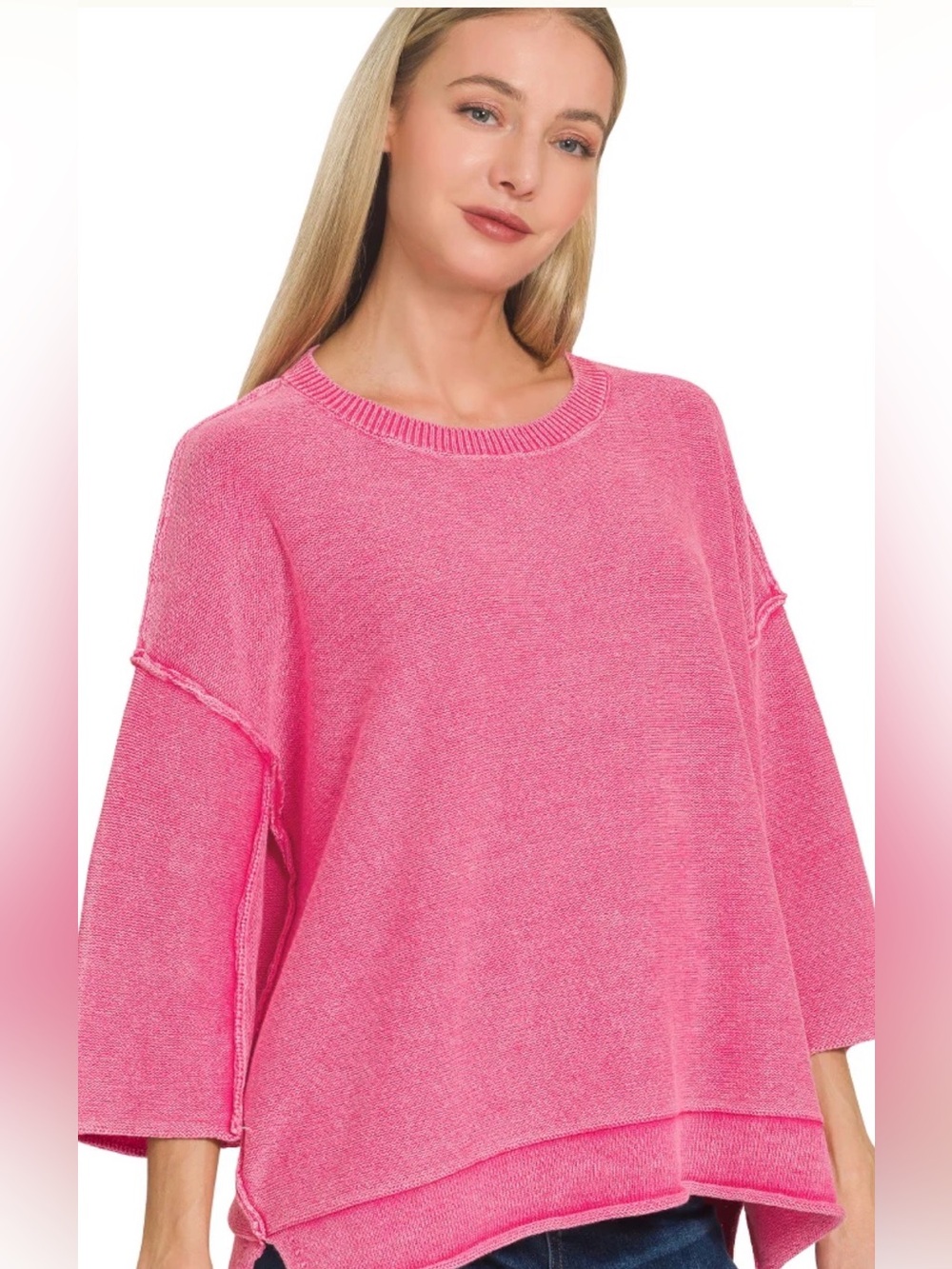 Zenana Washed 3/4 Sleeve Boxy Sweater in Hot Pink Women's Size L